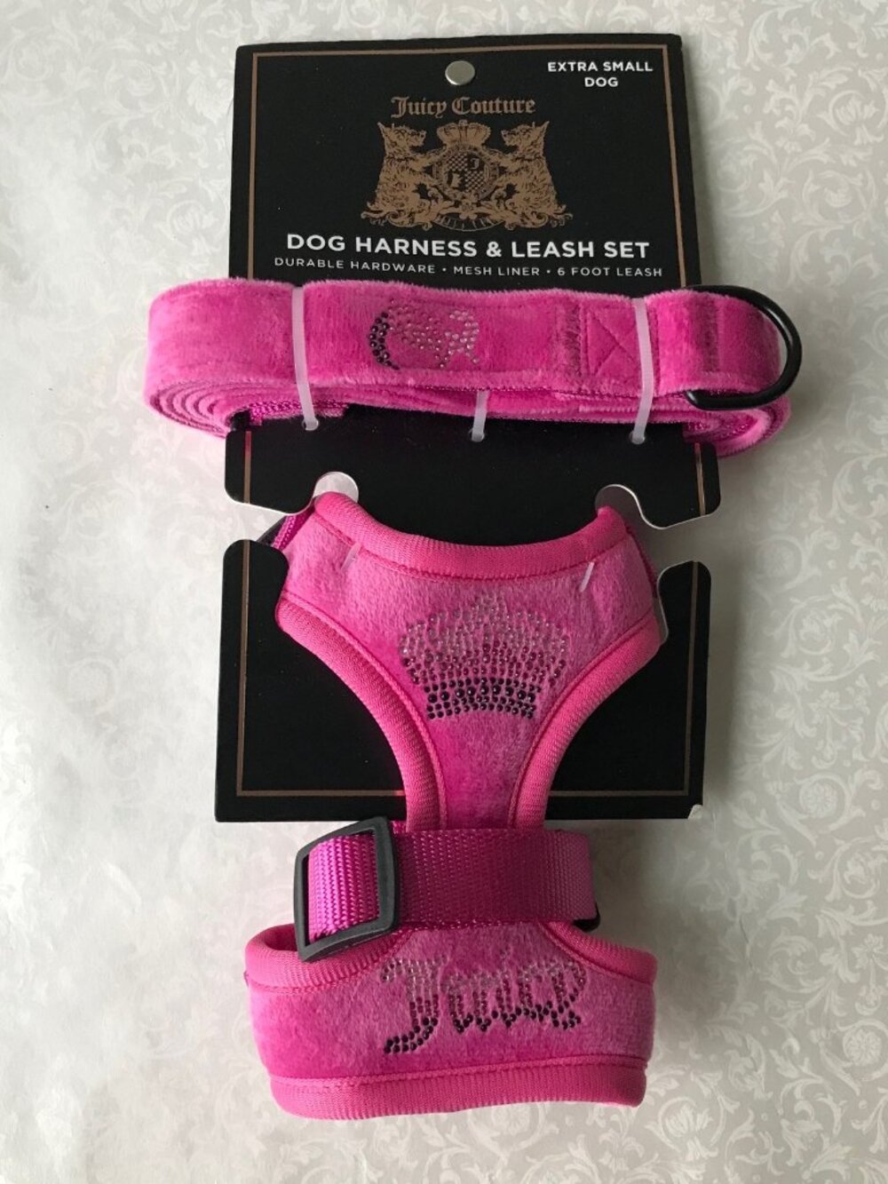 Juicy Couture Harness and Leash Set Mesh Liner Velour Pink Extra Small